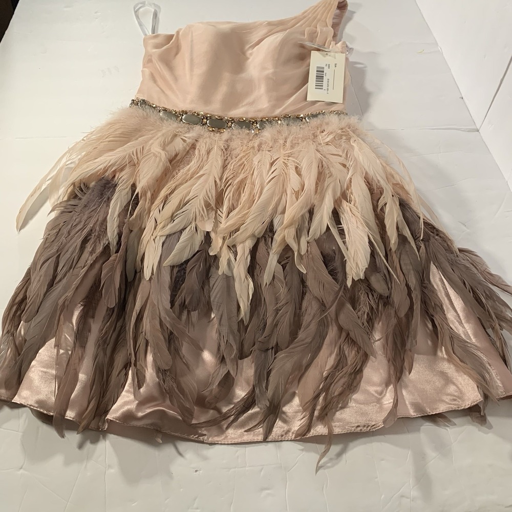 Jovani Asymmetrical Feathered Mini Dress in Cream and Brown - Picture 12 of 12